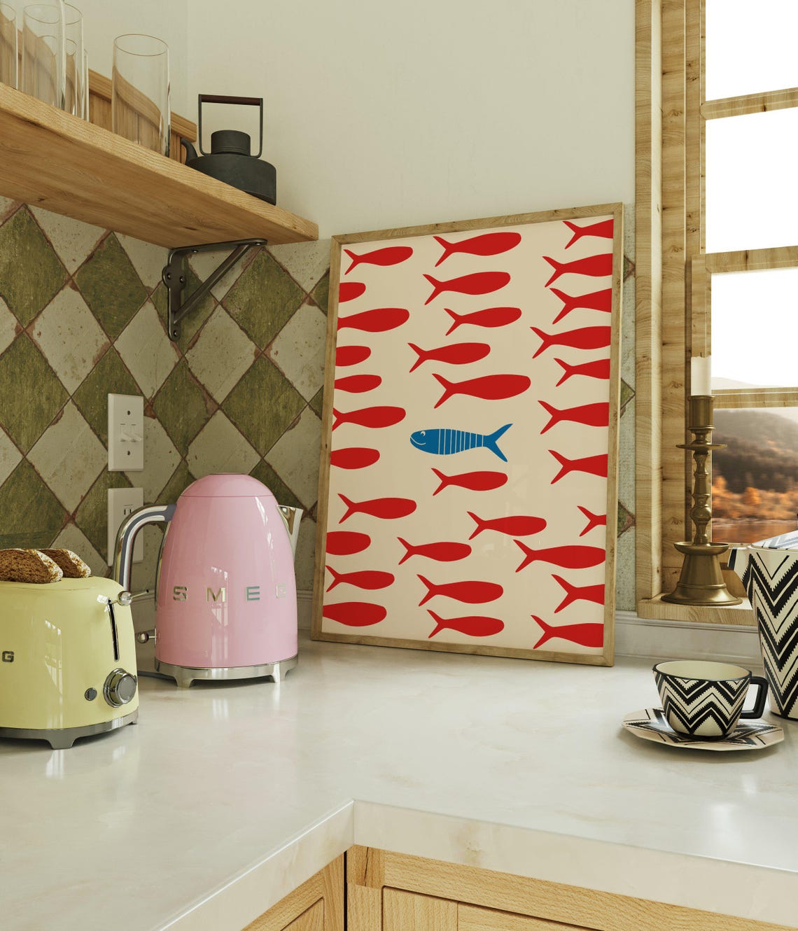 Red Fish School Pattern Midcentury Coastal Sardines Wall Art