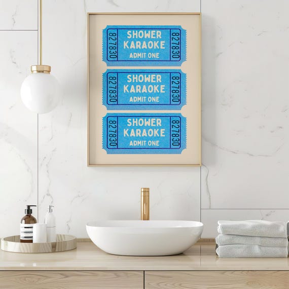 Shower Karaoke Ticket Poster Funny Print Bathroom Wall Art Birthday Suit Singing Blue Beige