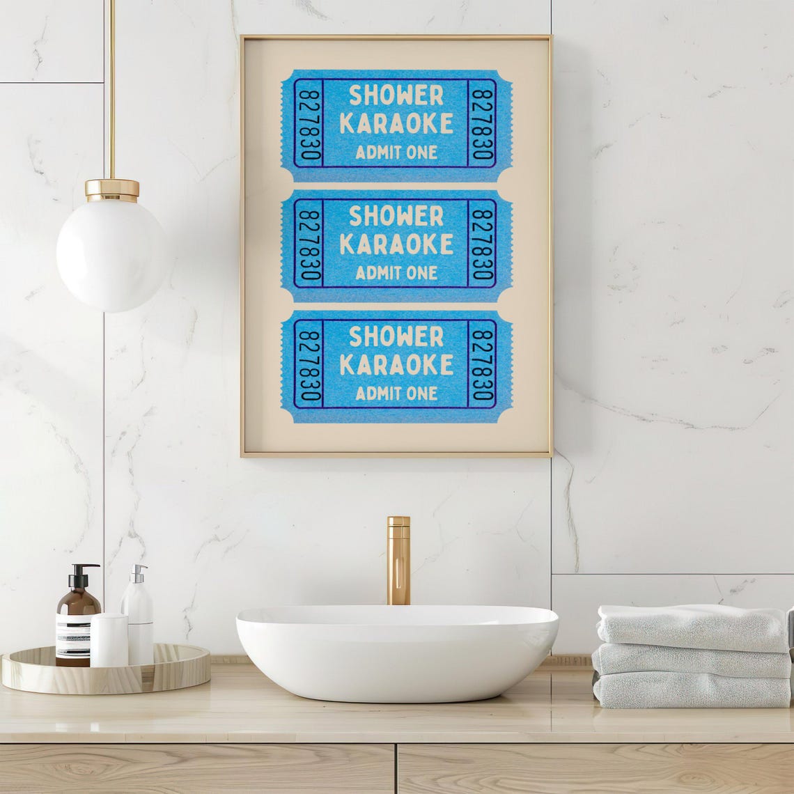Shower Karaoke Ticket Poster Funny Print Bathroom Wall Art Birthday Suit Singing Blue Beige