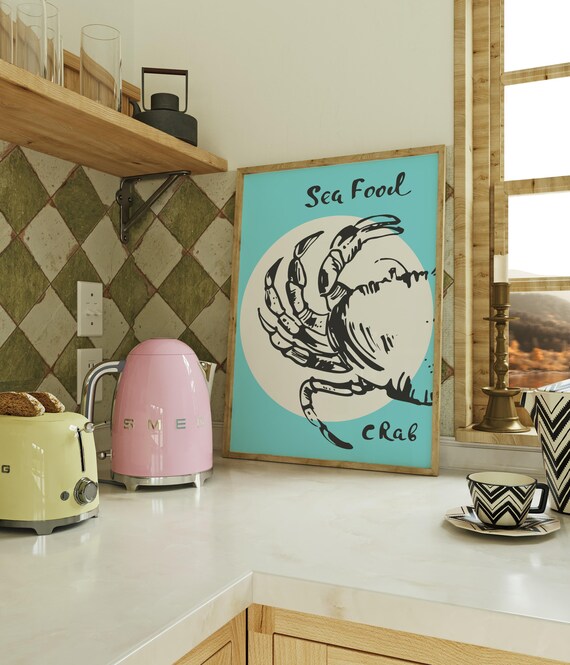 Crab Seafood Wall Art Nautical Kitchen Decor Coastal Dining Room Print Rustic Illustration Maritime Poster