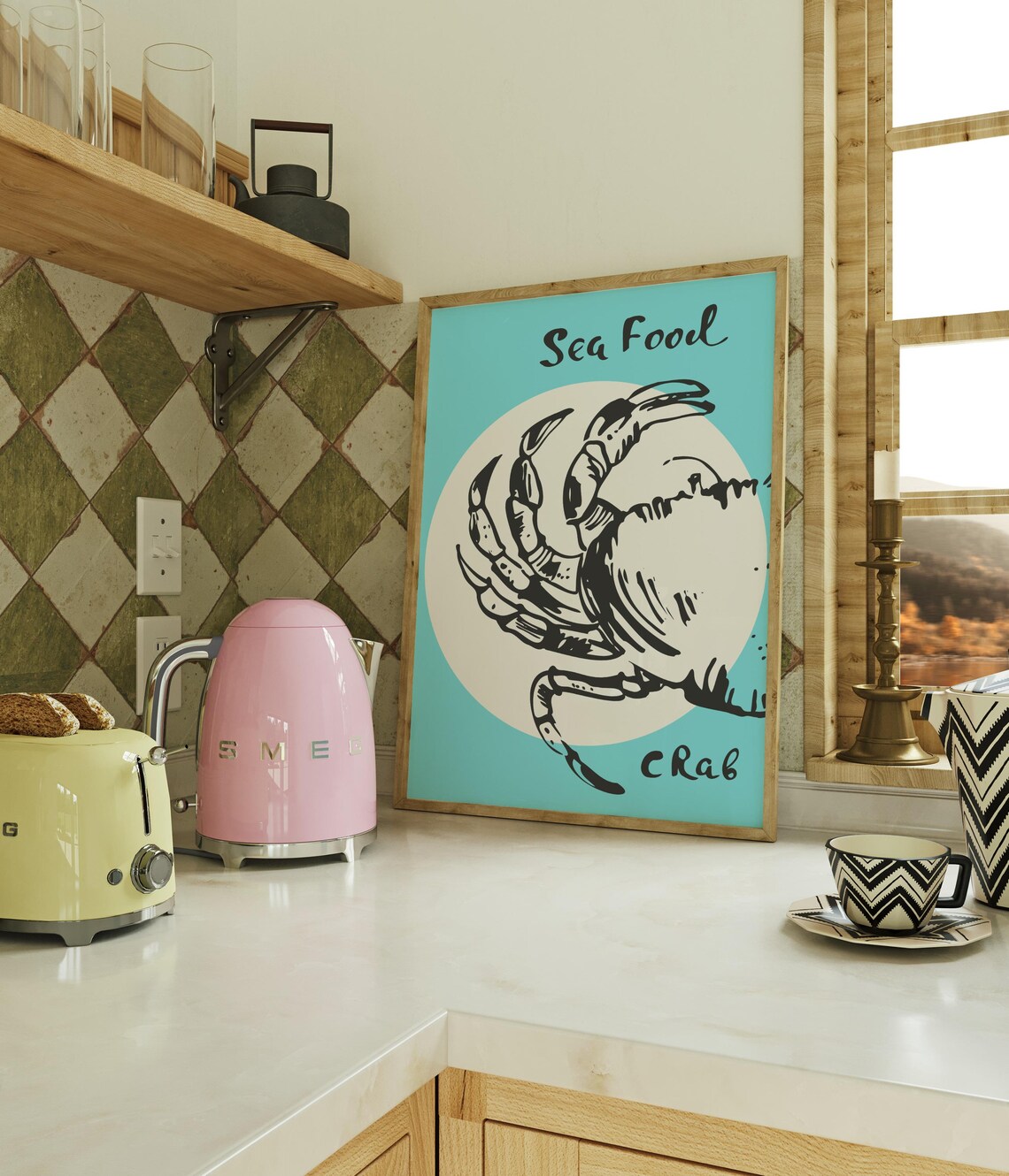 Crab Seafood Wall Art Nautical Kitchen Decor Coastal Dining Room Print Rustic Illustration Maritime Poster