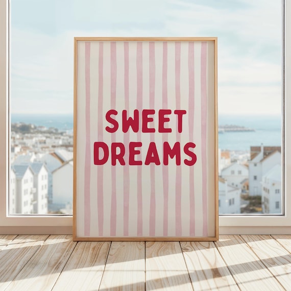 Sweet Dreams Bold Red Lettering On Pink Striped Nursery Quote Poster