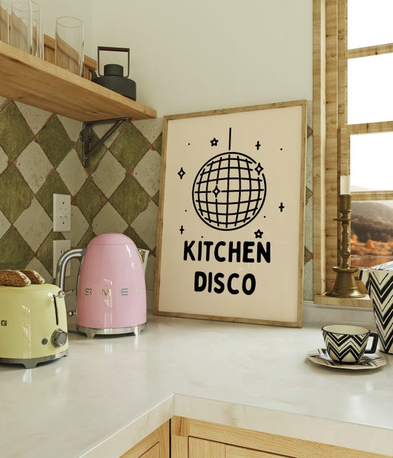 Kitchen Disco Print Funny Dancing Poster Retro Typography Quote Bold Fun Home Decor Foodie Beige Black