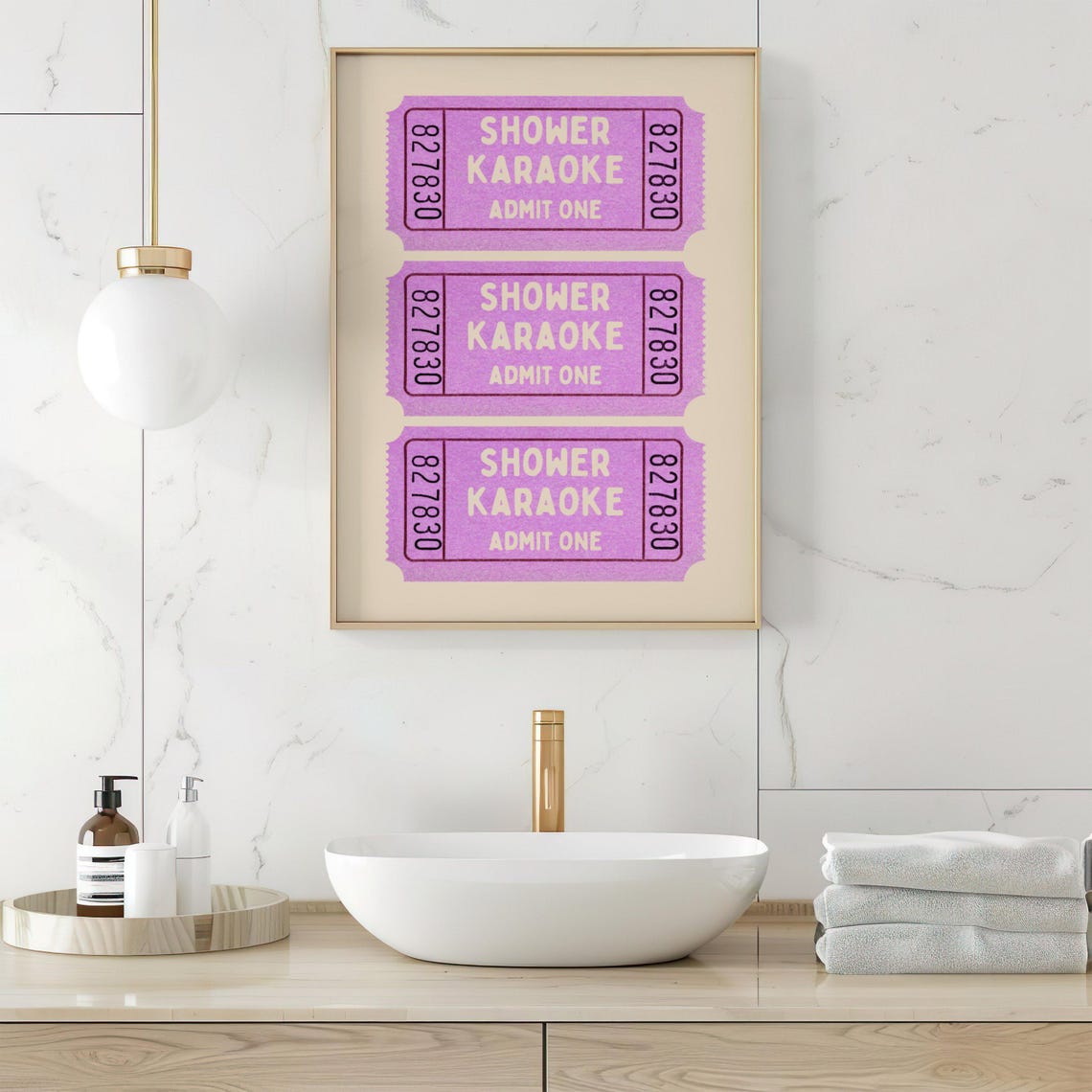 Shower Karaoke Ticket Poster Funny Print Bathroom Wall Art Birthday Suit Singing Pink Beige