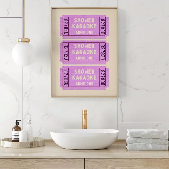 Shower Karaoke Ticket Poster Funny Print Bathroom Wall Art Birthday Suit Singing Pink Beige