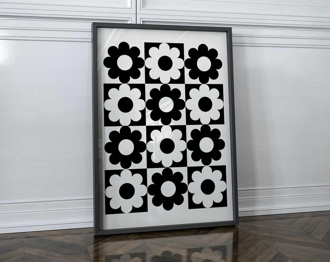 Black And White Retro Flower Grid Checkerboard Funky Wall Art - Image 2