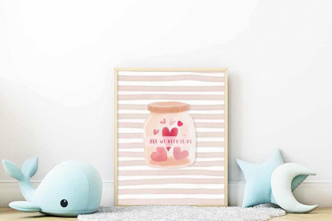 All We Need Is Us Heart Mason Jar Pink Striped Valentine Art Poster - Image 2