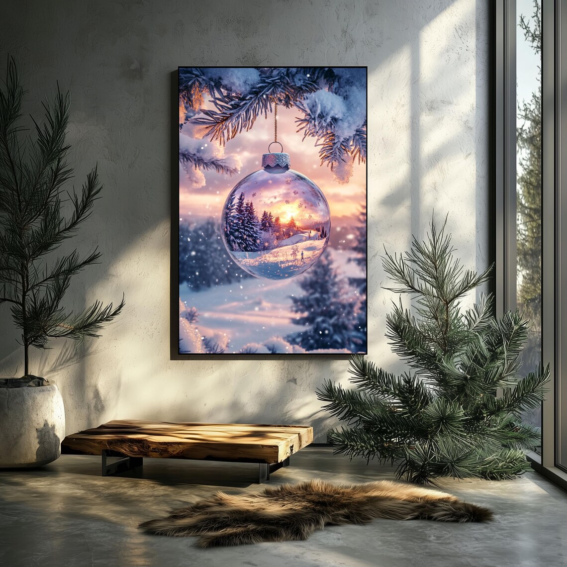 Glass Christmas Ornament Winter Sunset Snowy Pine Dreamy Art Poster - Image 2