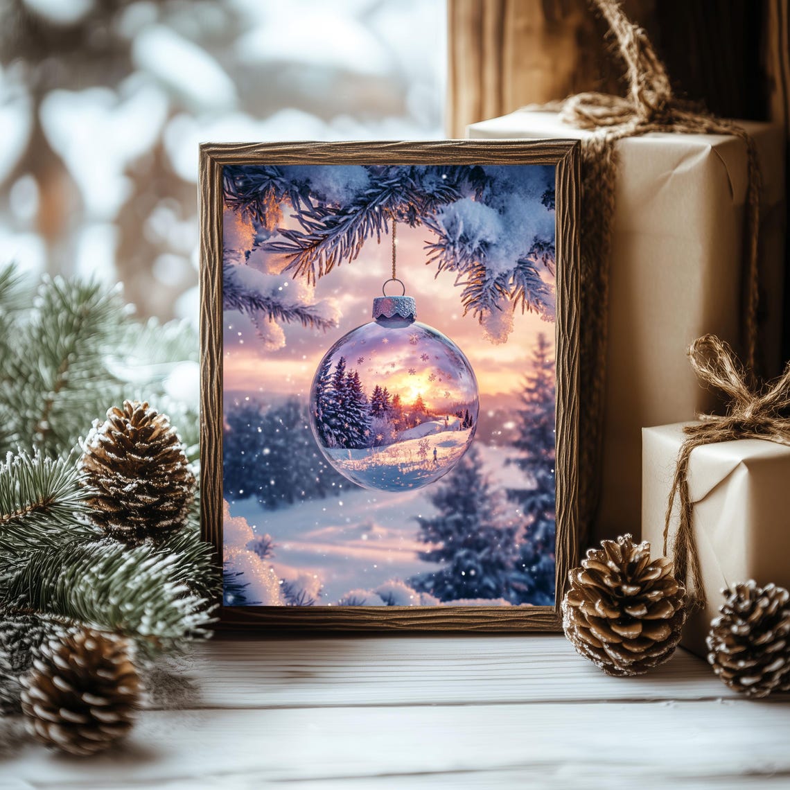 Glass Christmas Ornament Winter Sunset Snowy Pine Dreamy Art Poster - Image 3