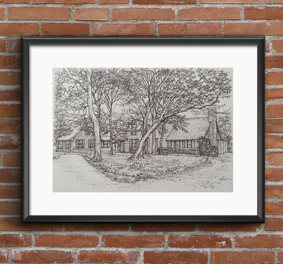 Hand Drawn Cottage Among Tall Trees Black And White Pencil Sketch Poster