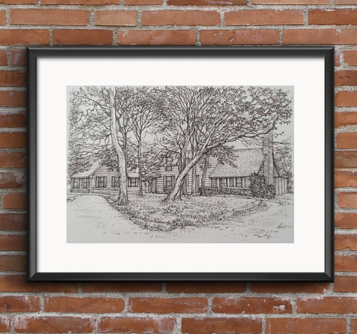 Hand Drawn Cottage Among Tall Trees Black And White Pencil Sketch Poster