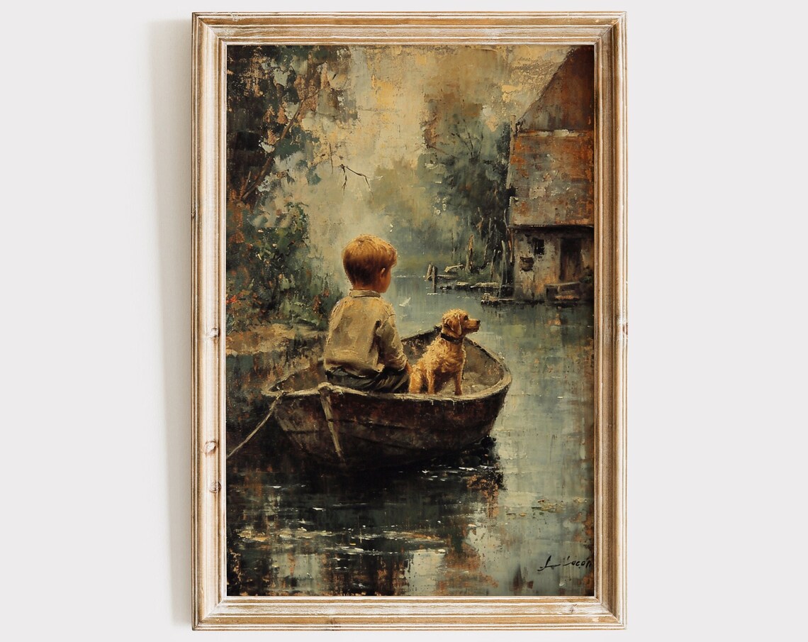 Boy and Dog On Boat Vintage Nursery Art Print