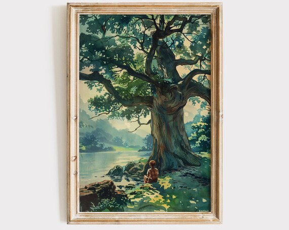 Vintage Boys Room Art Boy Under Tree Painting Wall Art Antique Kids Nursery Decor