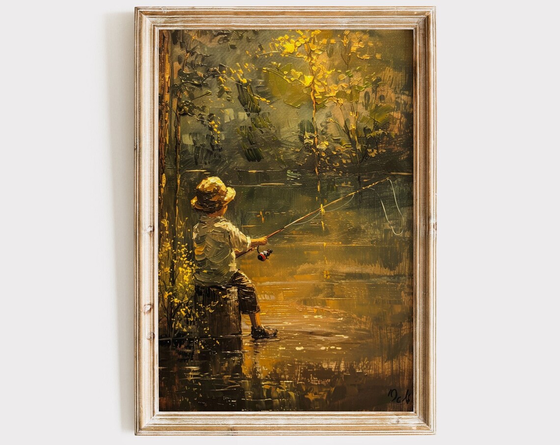 Vintage Boy Fishing in a Pond Art Print, Boys Room