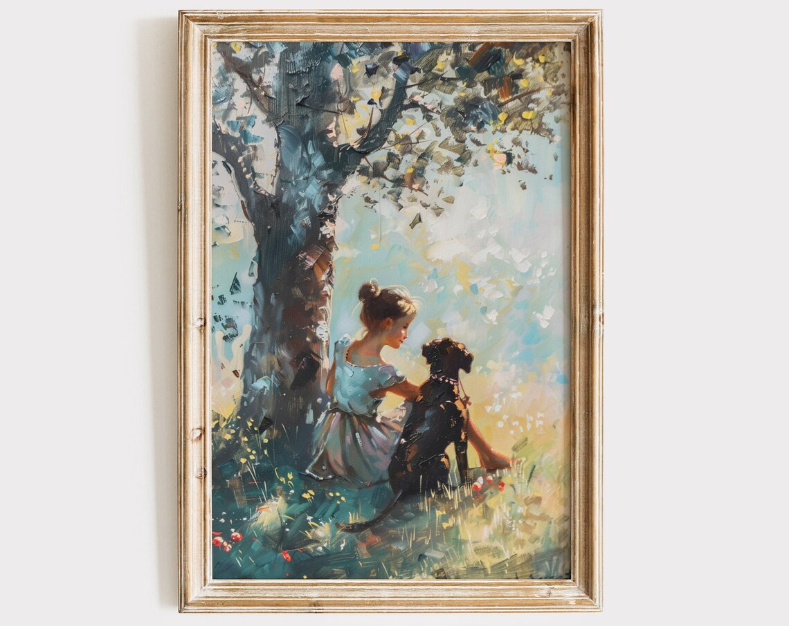 Girl and Dog Under Tree, Vintage Oil Painting Art Print