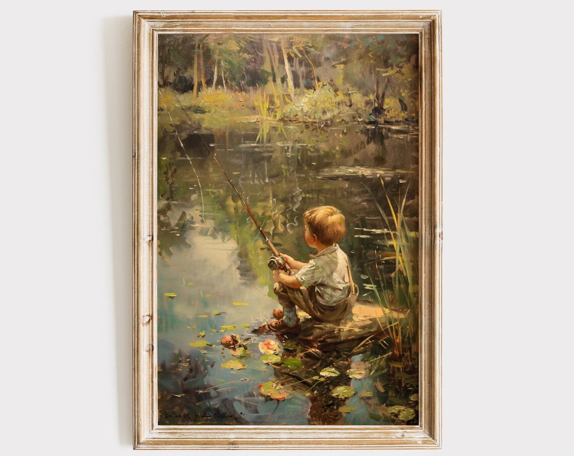 Vintage Boy Fishing in a Pond, Boys Room Art Print