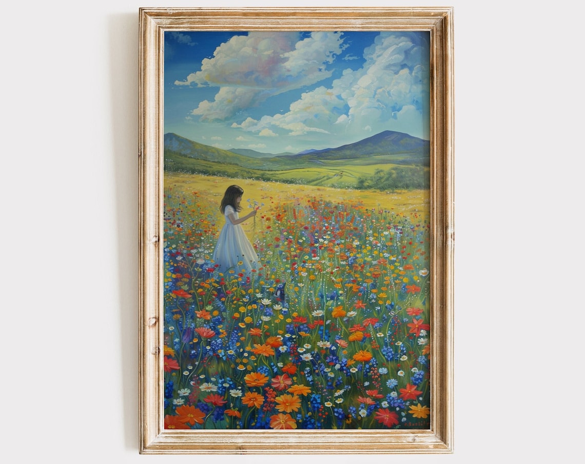 Girl in Wildflower Meadow Mountains Blue Sky Vintage Floral Print