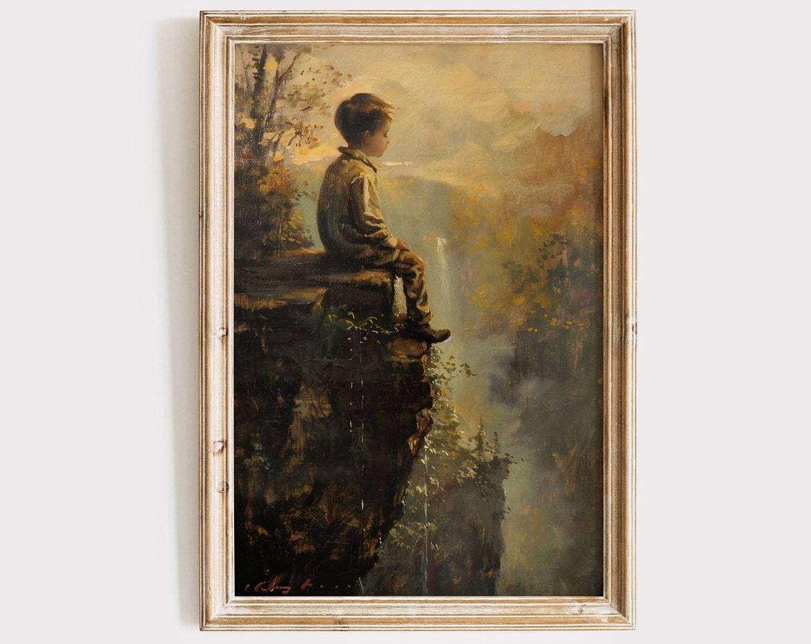 Boy Sitting Cliff Ledge Waterfall Misty Valley Vintage Art Poster