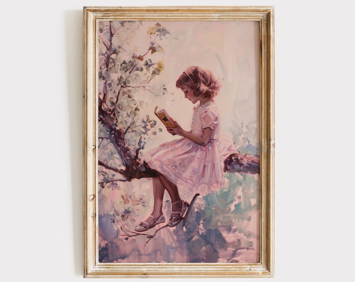 Vintage Girls Room Art Oil Painting Girl Reading In A Tree Girl Nursery Book Artwork Wall Decor Artful Art