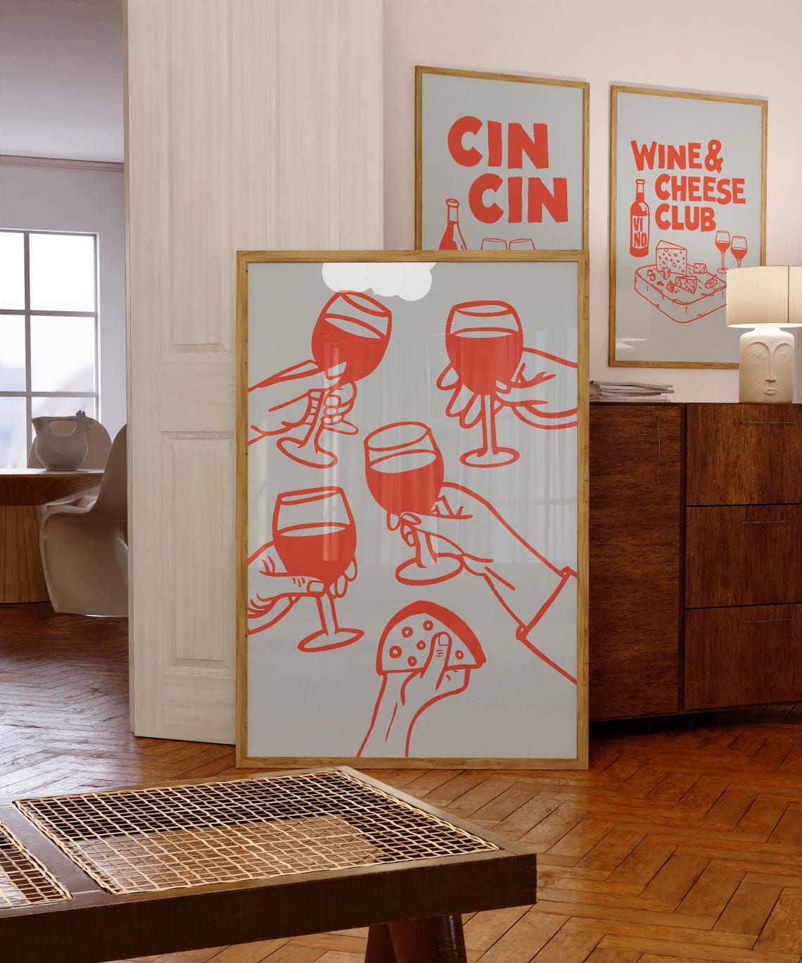 Cheers Red Toasting Hands Wine Glasses Cheese Wedge Pale Blue Poster