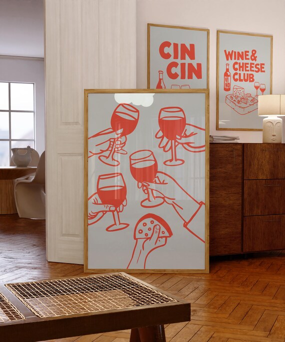 Cheers Red Toasting Hands Wine Glasses Cheese Wedge Pale Blue Poster