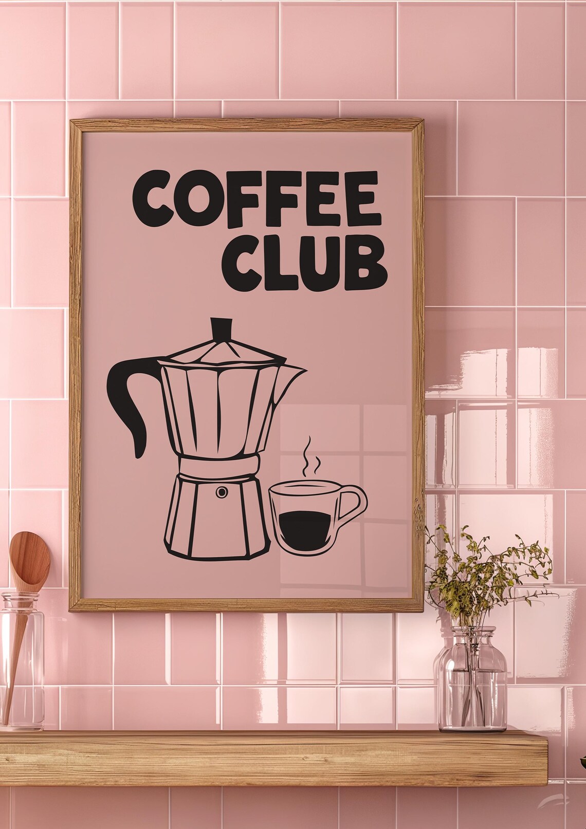 Pink Coffee Club Moka Pot Steaming Espresso Retro Kitchen Art Print - Image 3