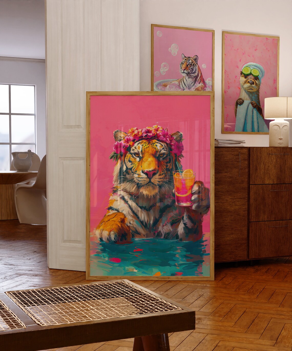Tiger With A Cocktail, Maximalist Oil Painting