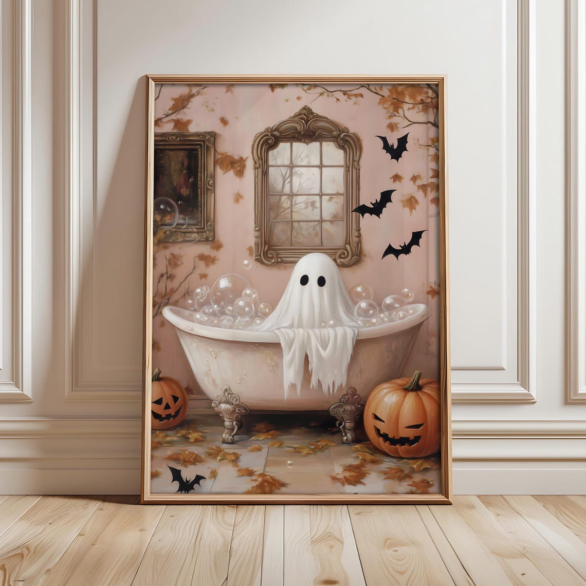 Halloween Bathroom Poster Spooky Print Bathing Wall Art Pink Optional Frame