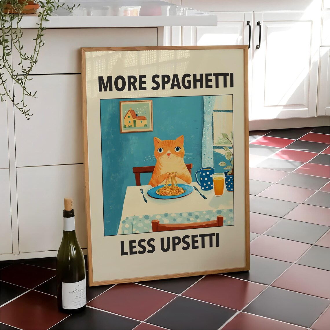 More Spaghetti Less Upsetti Orange Tabby Cat Retro Kitchen Quote Poster