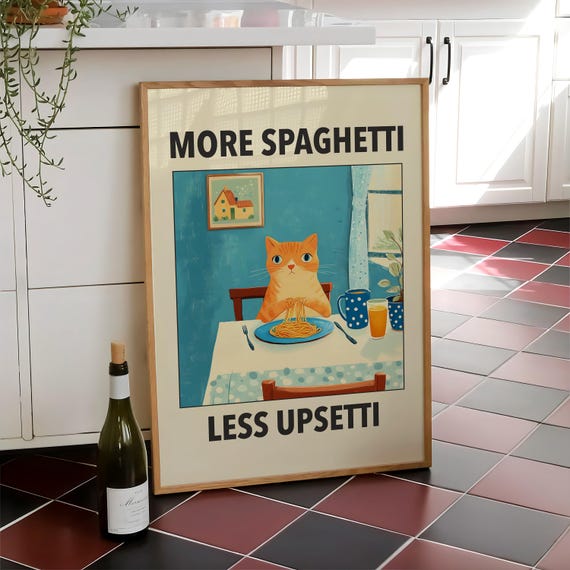 More Spaghetti Less Upsetti Cat Poster Italian Kitchen Print Funny Black Wall Art Retro Diner Pasta File