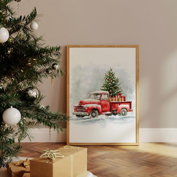 Christmas Red Truck Vintage Snowy Holiday Tree Watercolor Poster