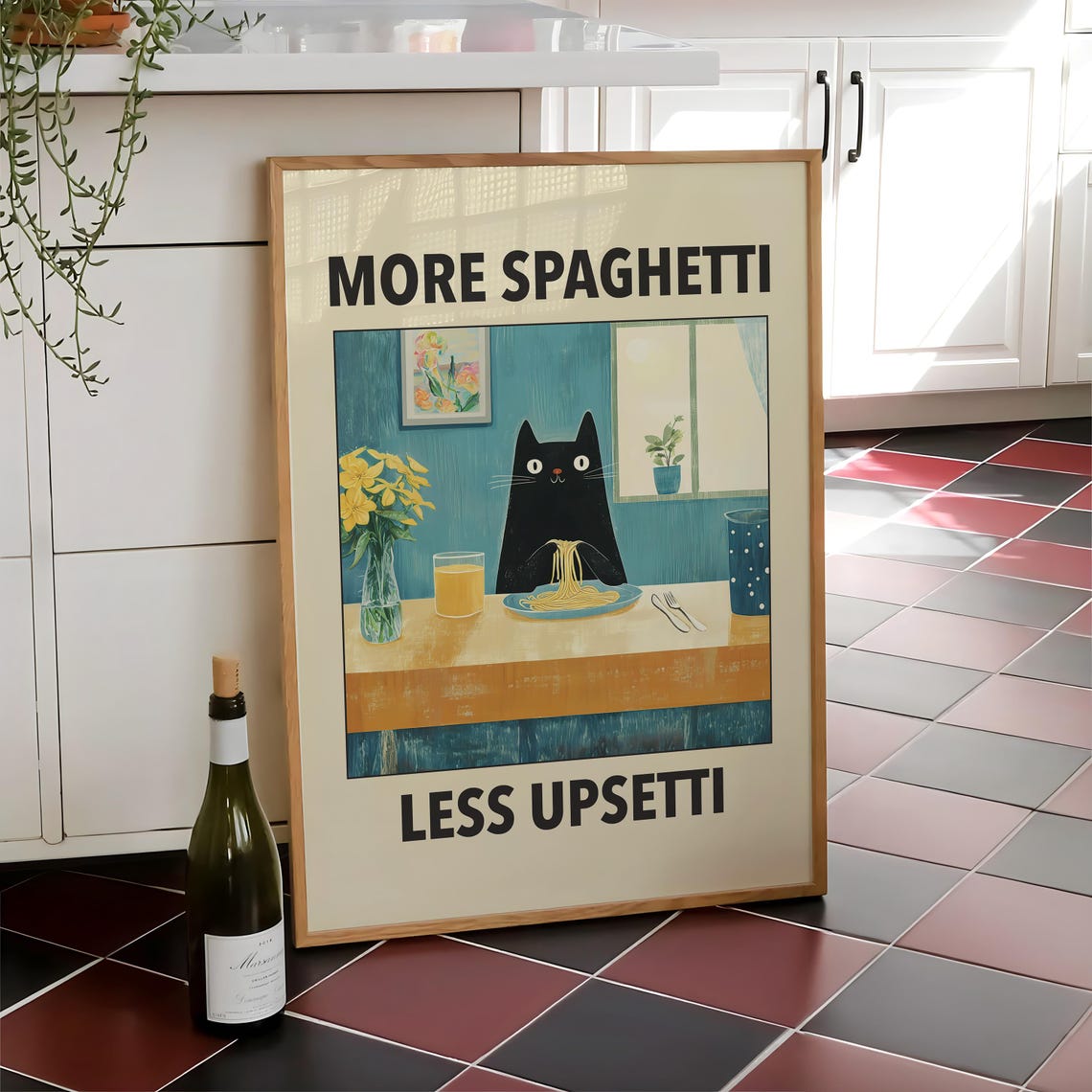 More Spaghetti Less Upsetti Black Cat Blue Kitchen Funny Dinner Poster