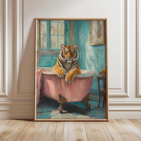 Tiger In Bathroom Poster A Bath Print Wall Art Funny Maximalist Prints Optional Frame