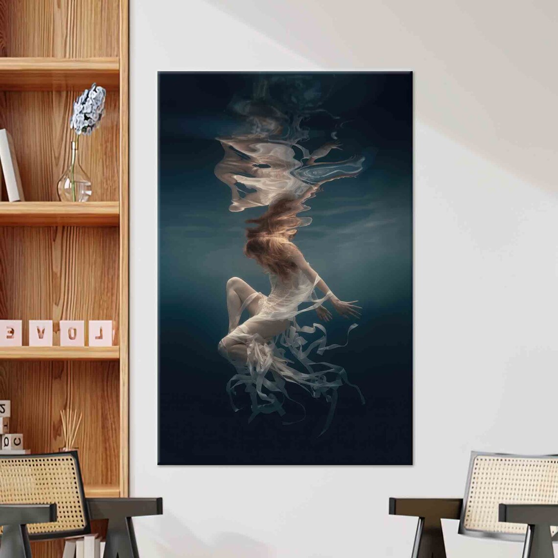 Woman Dancing Underwater Flowing Dress Dreamy Dark Sea Poster