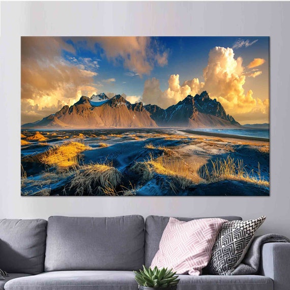 Mountain Landscape Art Beautiful Cloudy Art Blue And Yellow Art Art 3d Glass Mountain Wallpaper Framed Wall Art Large Wall Art