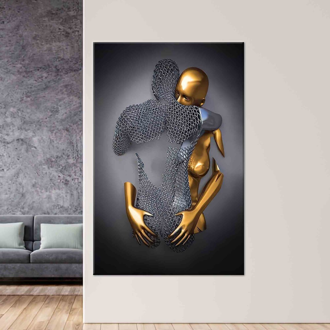 Golden And Silver Sculptural Figures Embrace Abstract Couple Poster