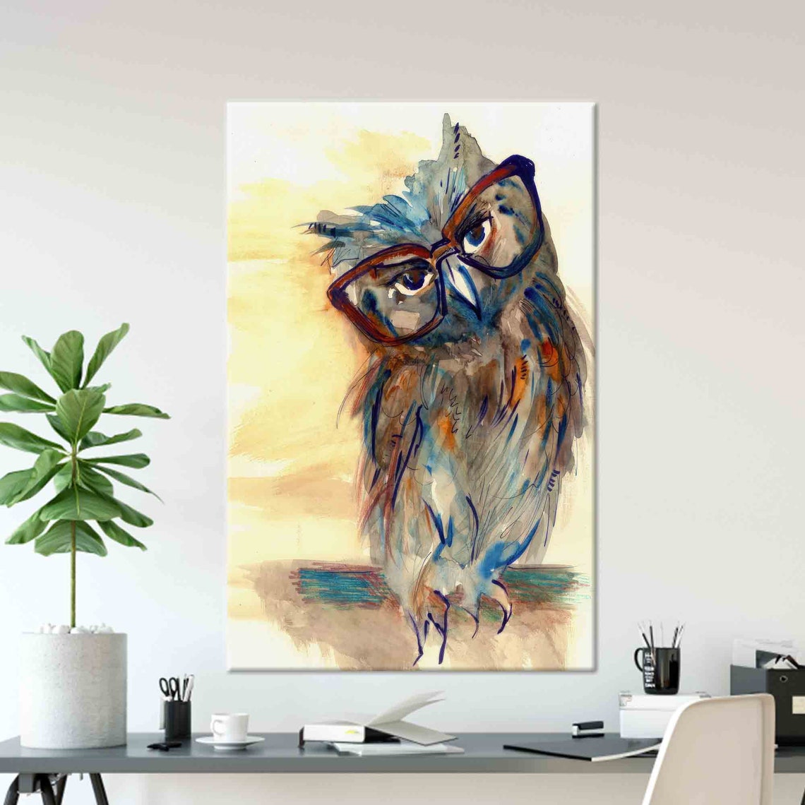 Wise Owl Wearing Red Glasses Watercolor Funny Animal Wall Poster