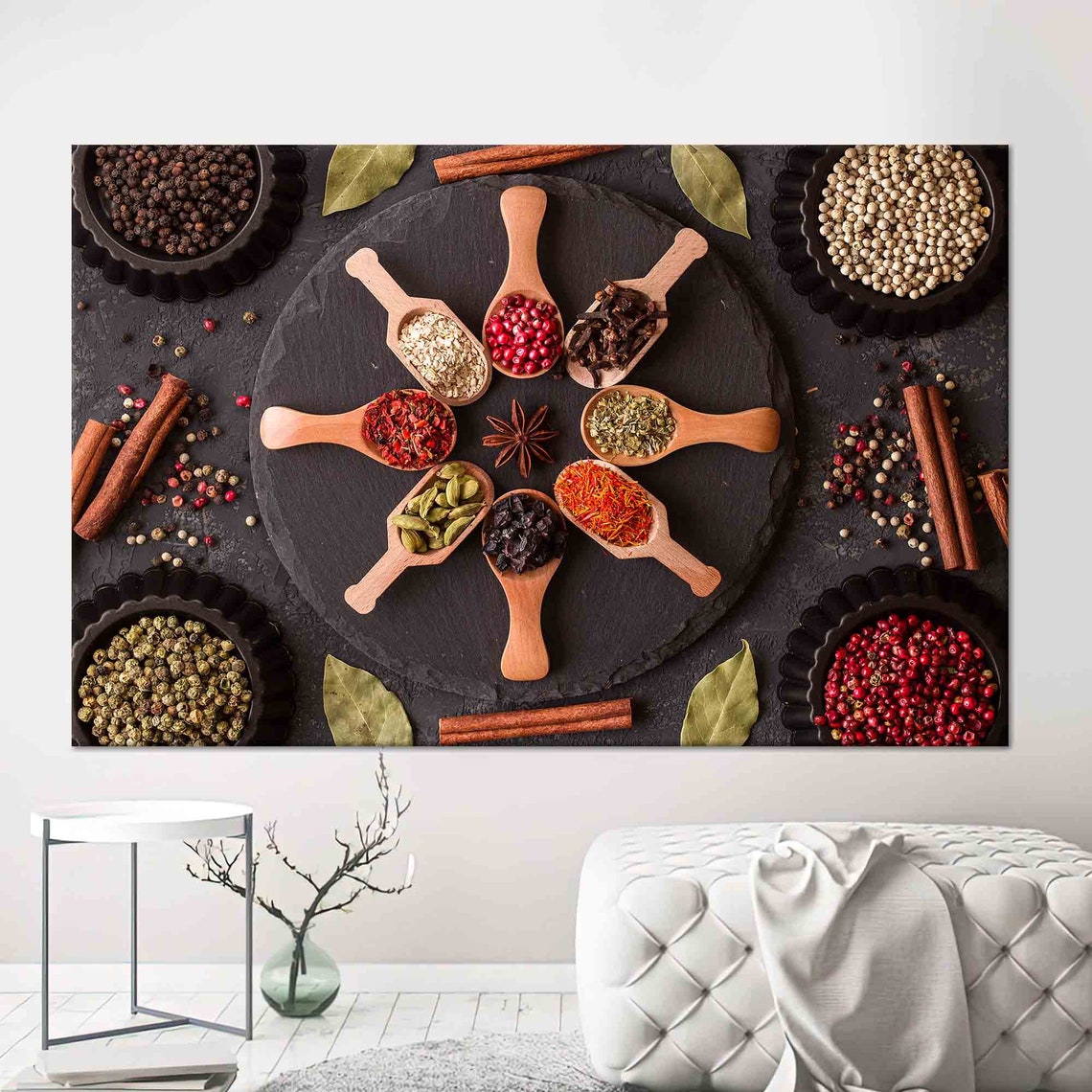 Spices in Wooden Spoons Circle Dark Moody Kitchen Decor Poster