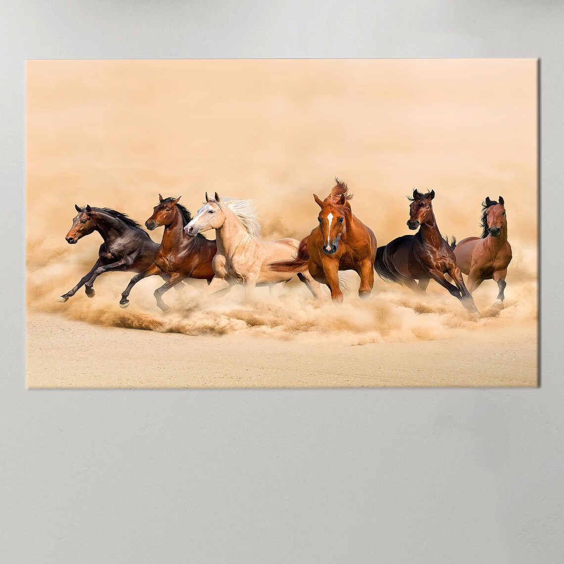 Six Wild Horses Galloping Through Desert Dust Storm Photo Poster