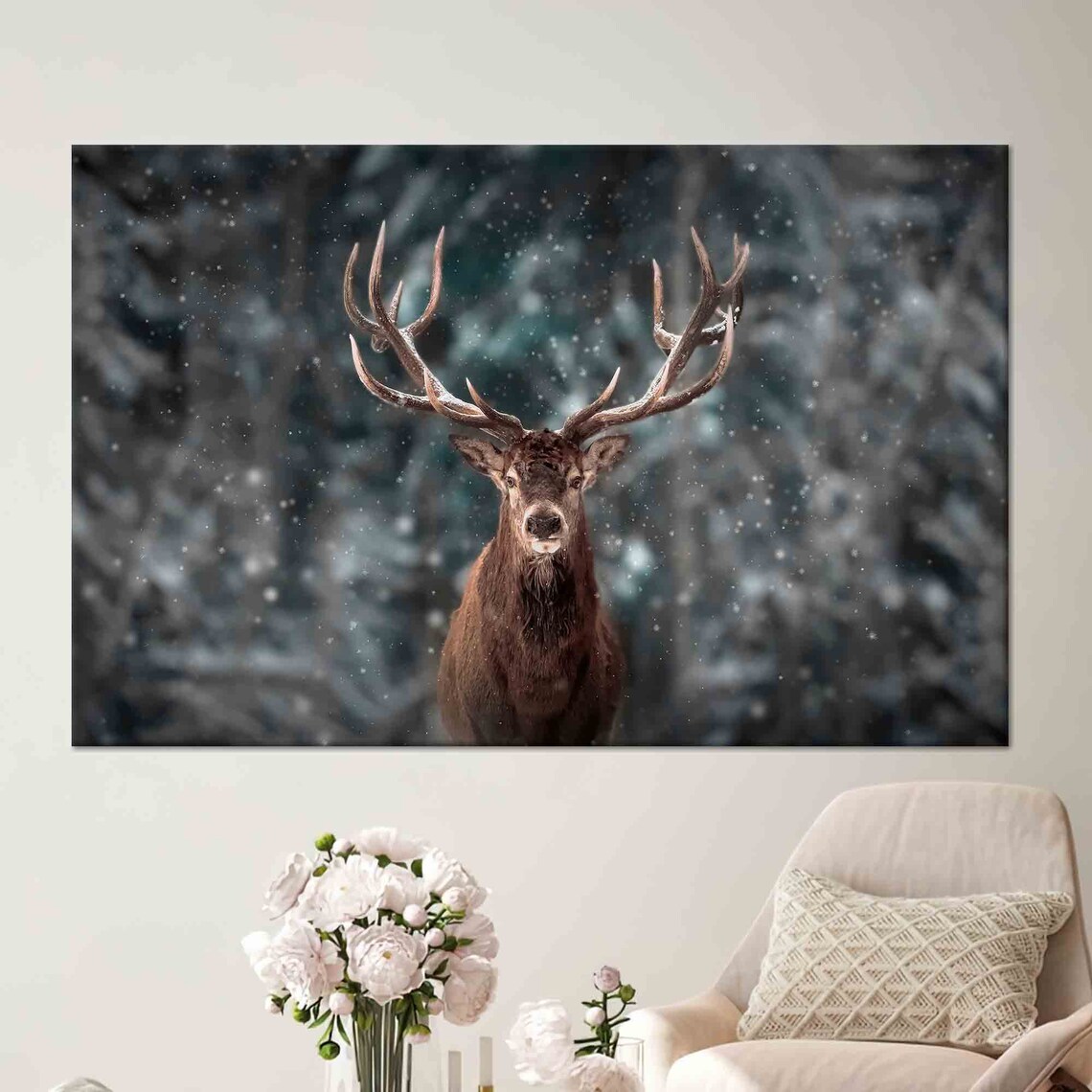 Majestic Stag With Antlers in Snowy Forest Winter Wildlife Poster