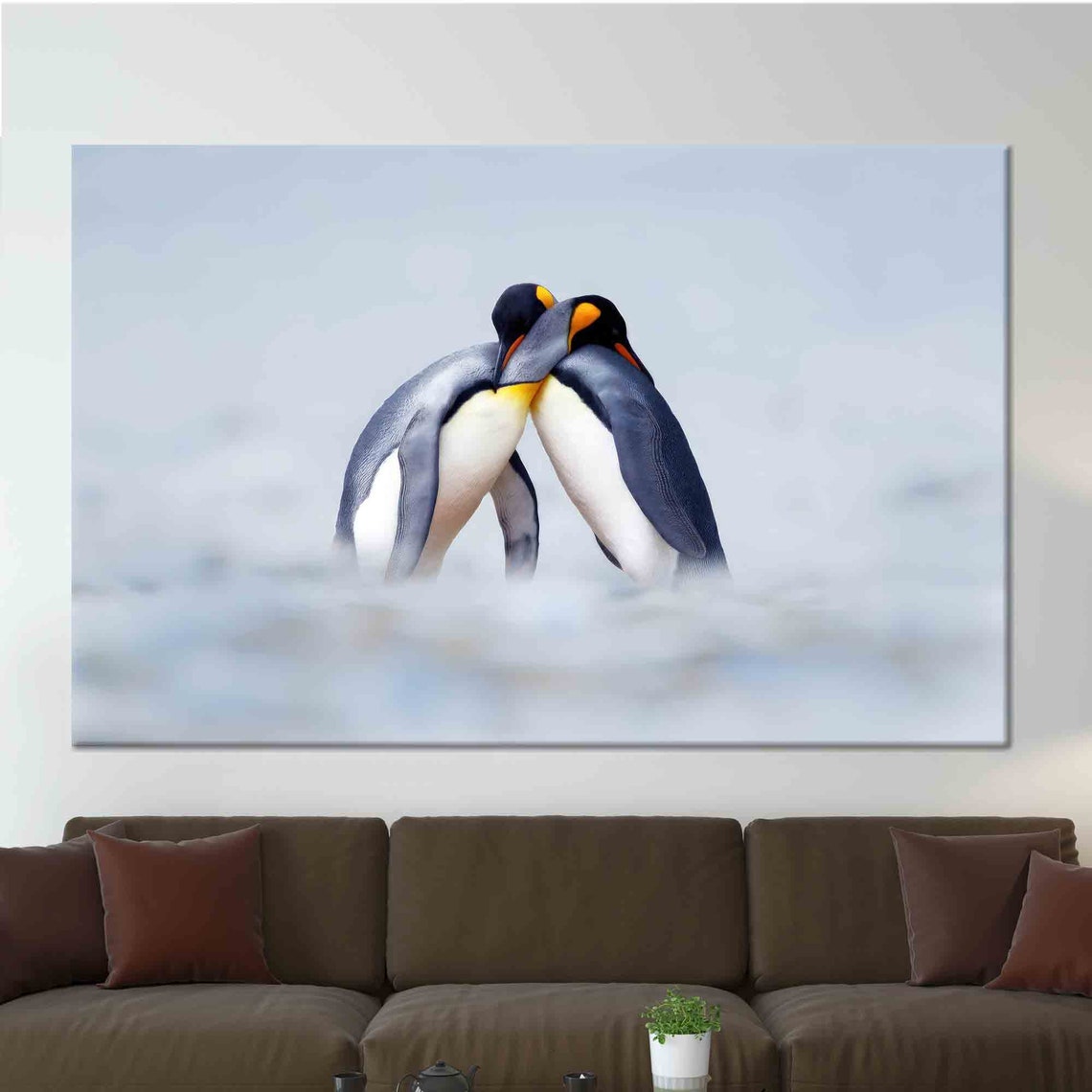 Two Penguins Hugging in Snow Cute Couple Wildlife Art Poster