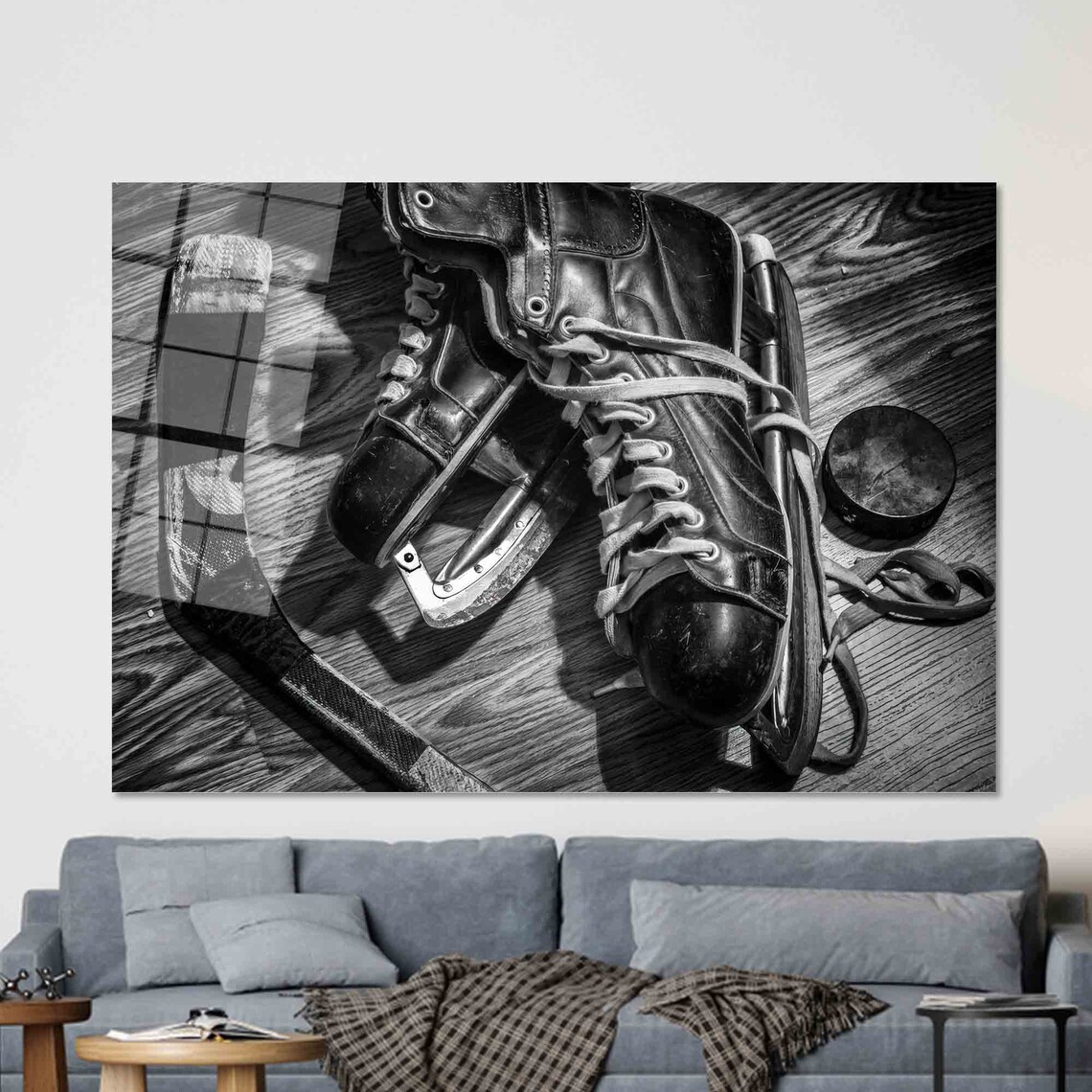 Vintage Hockey Skates Stick and Puck Black and White Photo Poster - Image 2