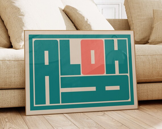 Retro Aloha Typography Print Mid Century Modern Hawaii Wall Art Teal And Coral Decor Printed On Luxury Paper