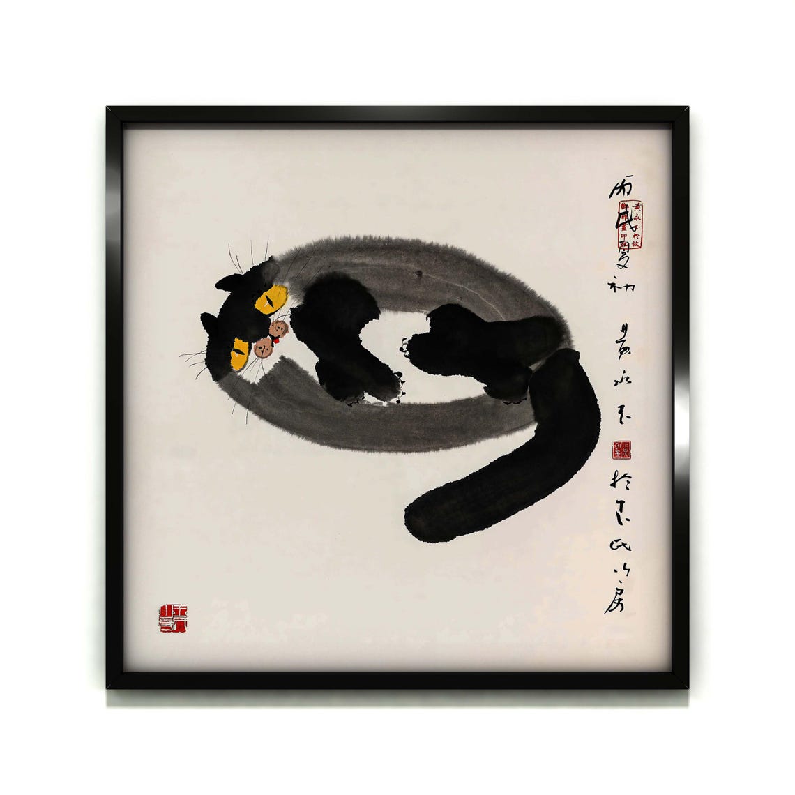 Chinese Ink Cat Painting Black Curled Cat Yellow Eyes Wall Art - Image 2
