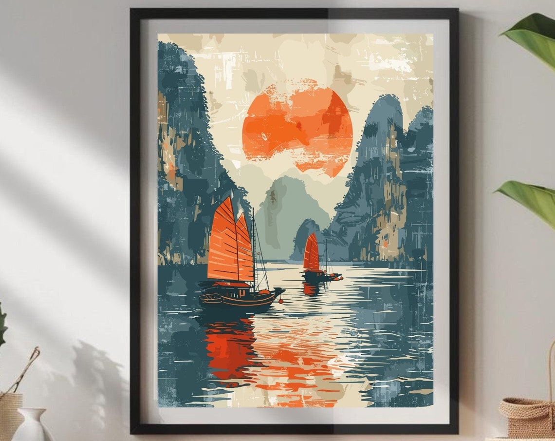 Halong Bay Junk Boats Red Sails Karst Cliffs Sunset Art Poster