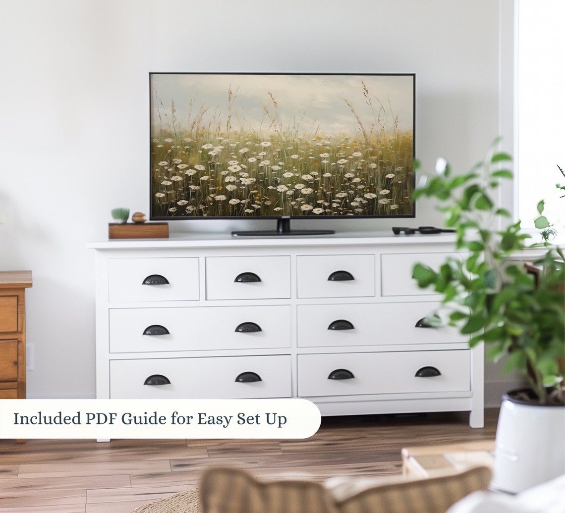 Moody White Daisy Wildflower Field Tall Grasses Misty Sky Poster - Image 2