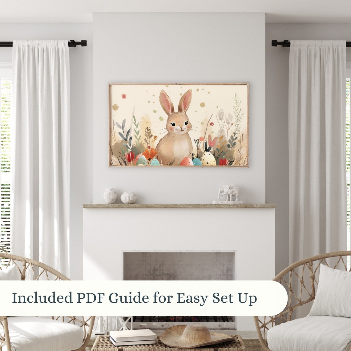 Easter Bunny Watercolor Painted Eggs Spring Flowers Cute Wall Art - Image 2