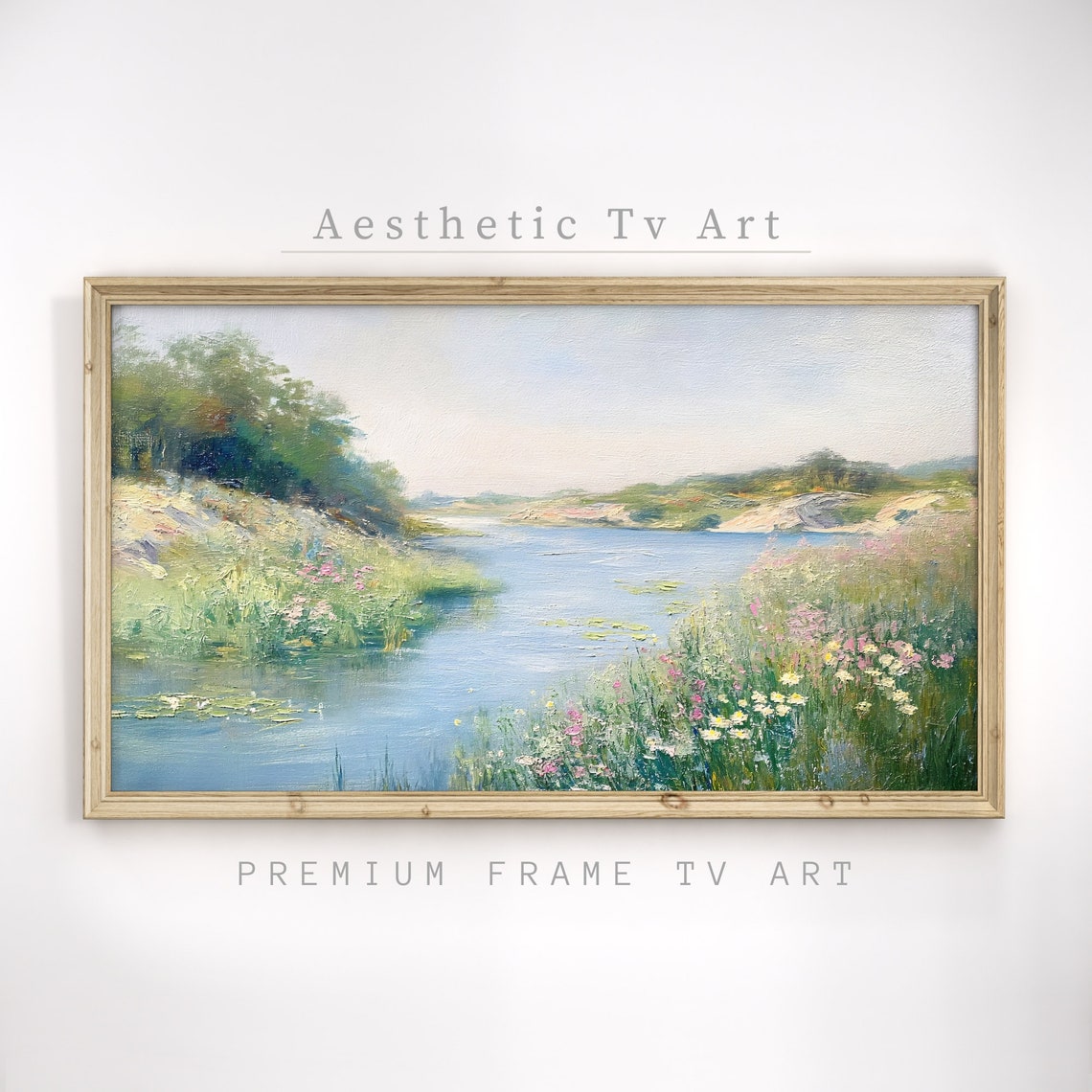 Tranquil Lakeside Wildflowers Calm Water Impressionist Art Poster - Image 3
