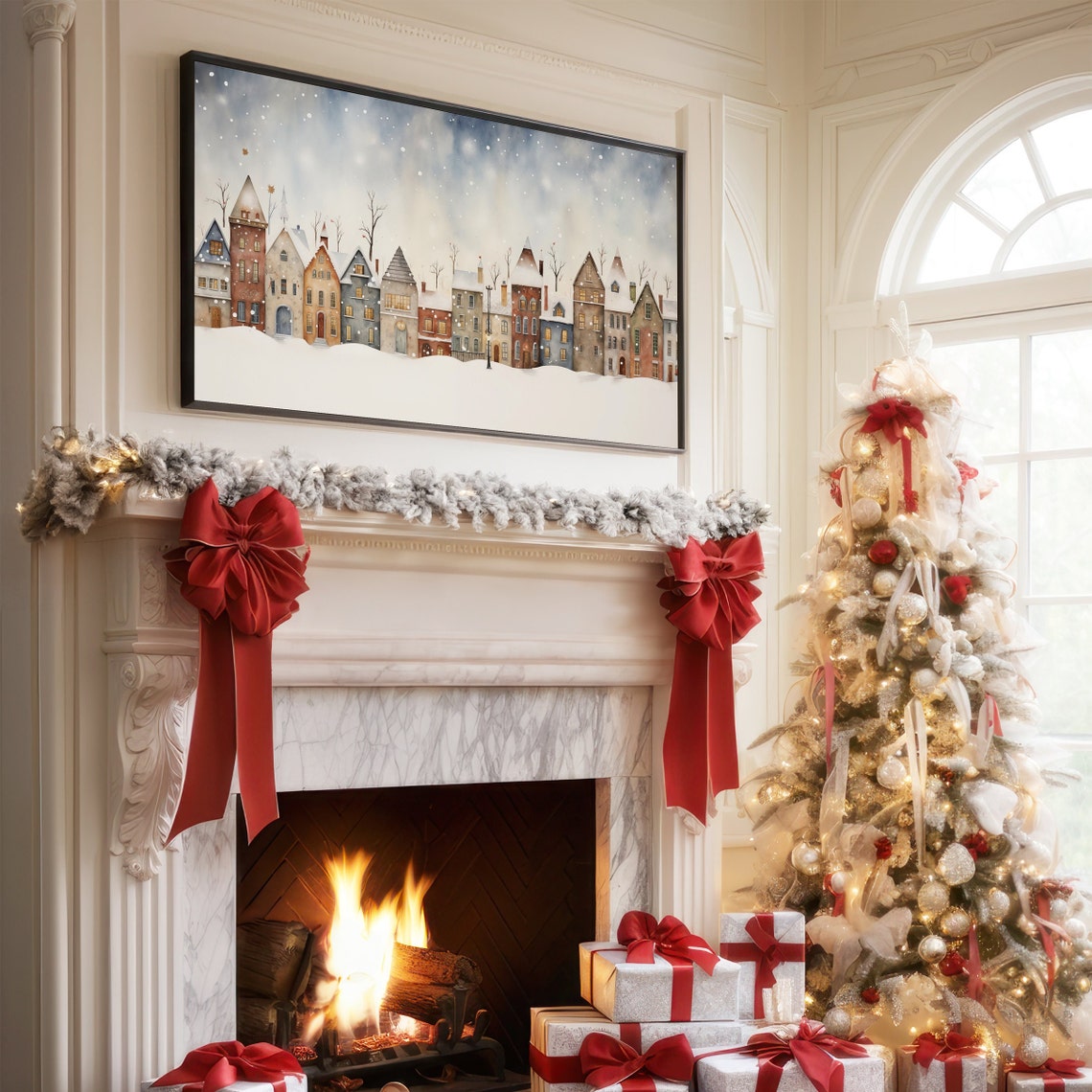 Christmas Frame Tv Art Classic Christmas Village Painting Holiday Houses Winter Snow Art File For Tv Snowy Painting - Image 3