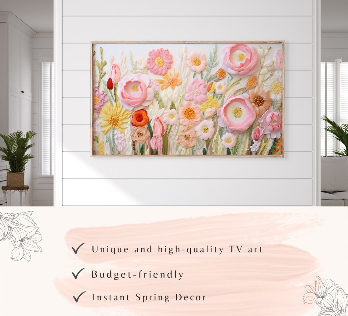 Pink Peach Embroidered Blossoms Textured Spring Flower Art Poster - Image 3